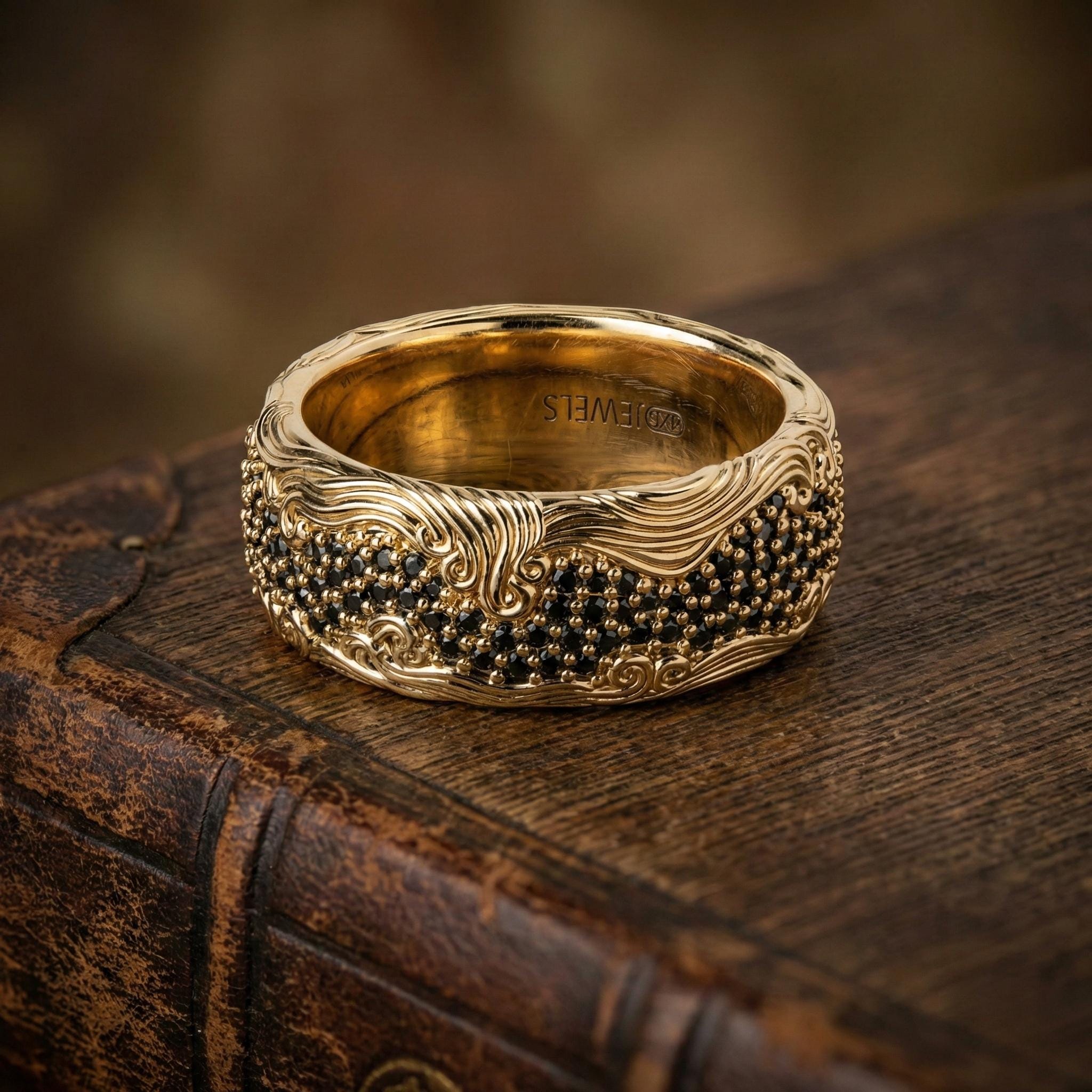wave band ring with black pave, ocean wave design, photo 6