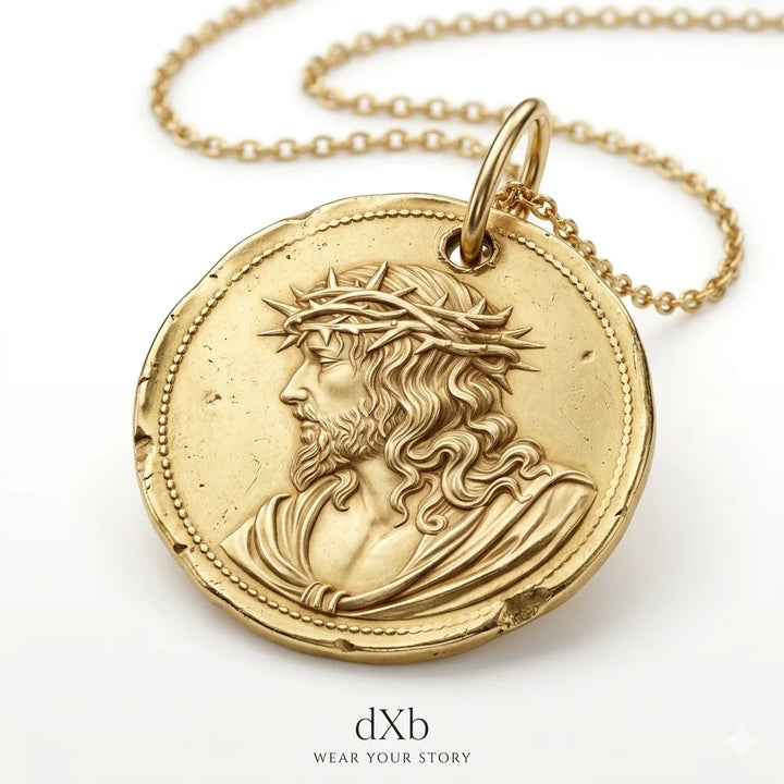 14k yellow gold religious medallion, coin style pendant