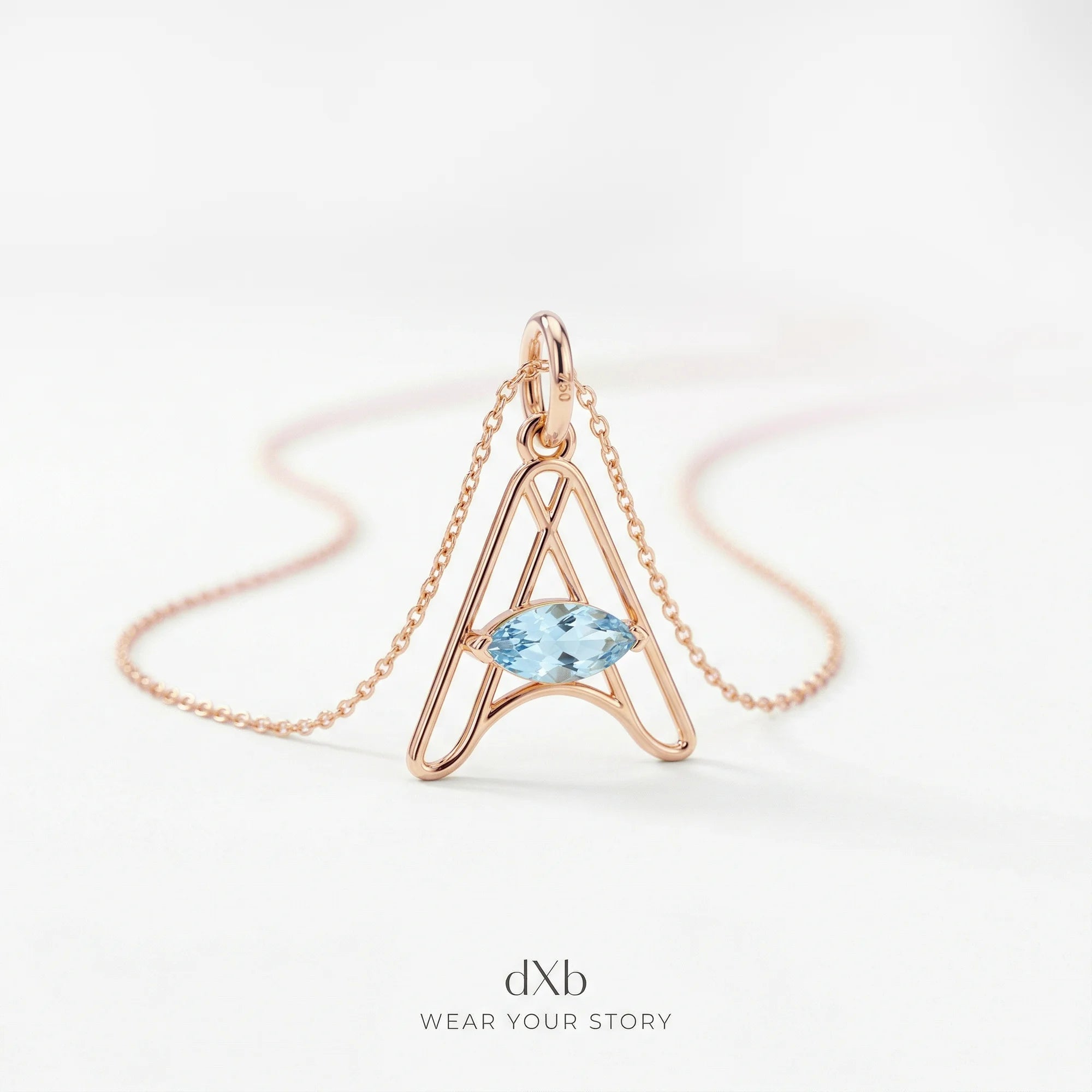 14k rose gold blue gemstone marquise initial | alphabet | minimalist pendant