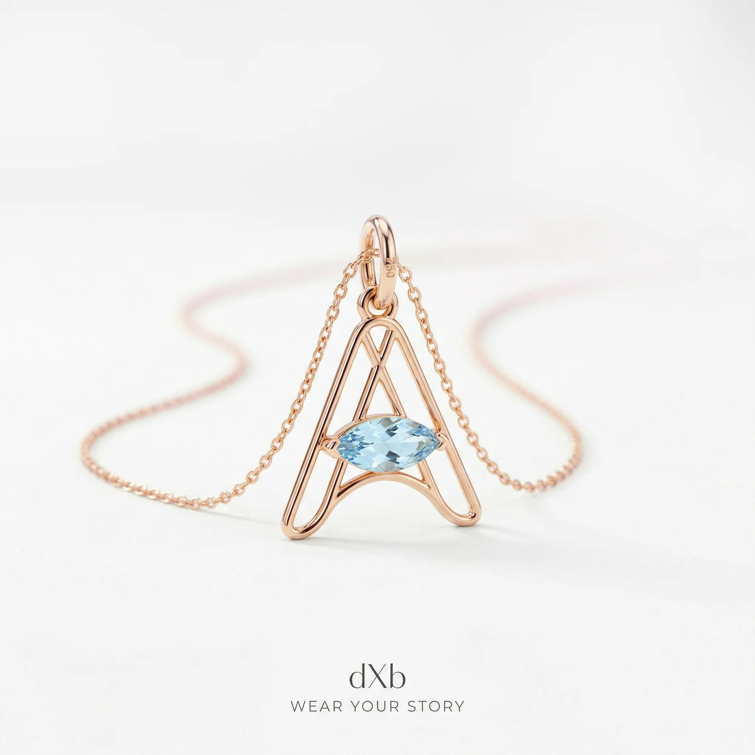 14k rose gold blue gemstone marquise initial | alphabet | minimalist pendant