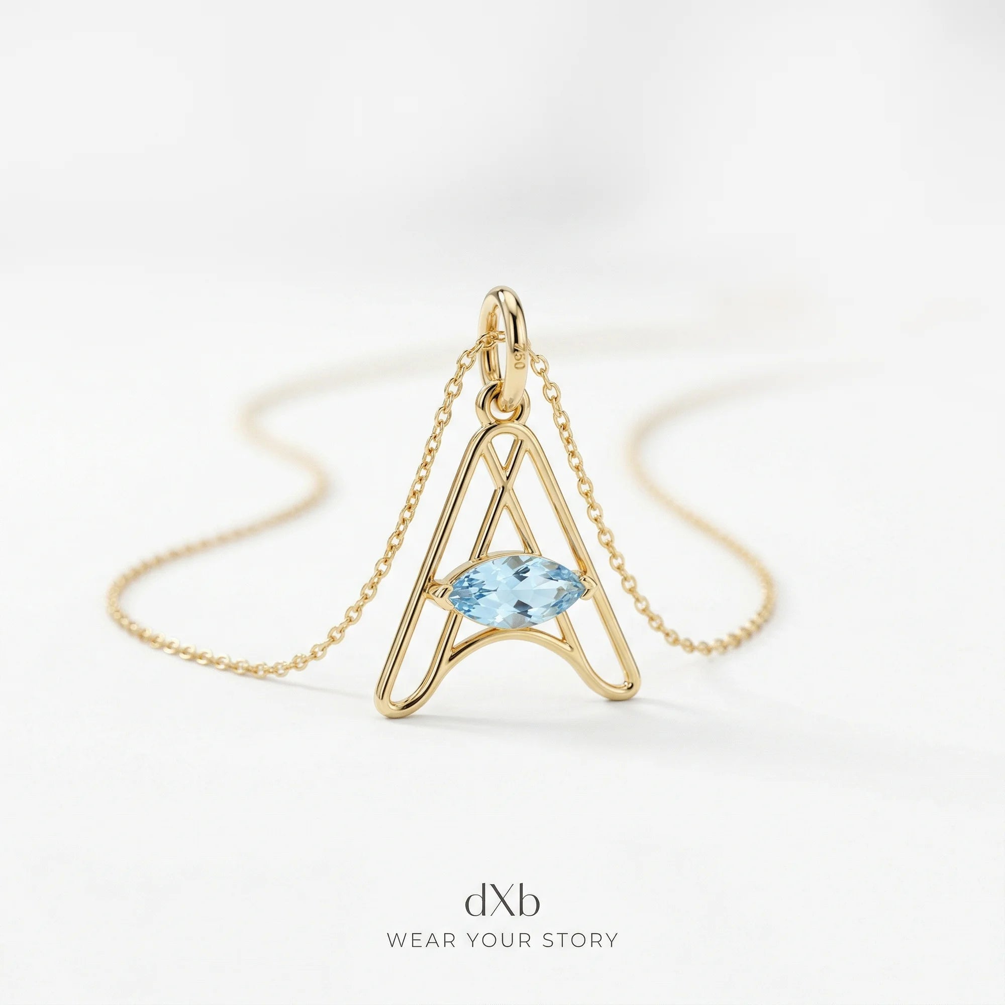 14k yellow gold blue gemstone marquise initial | alphabet | minimalist pendant