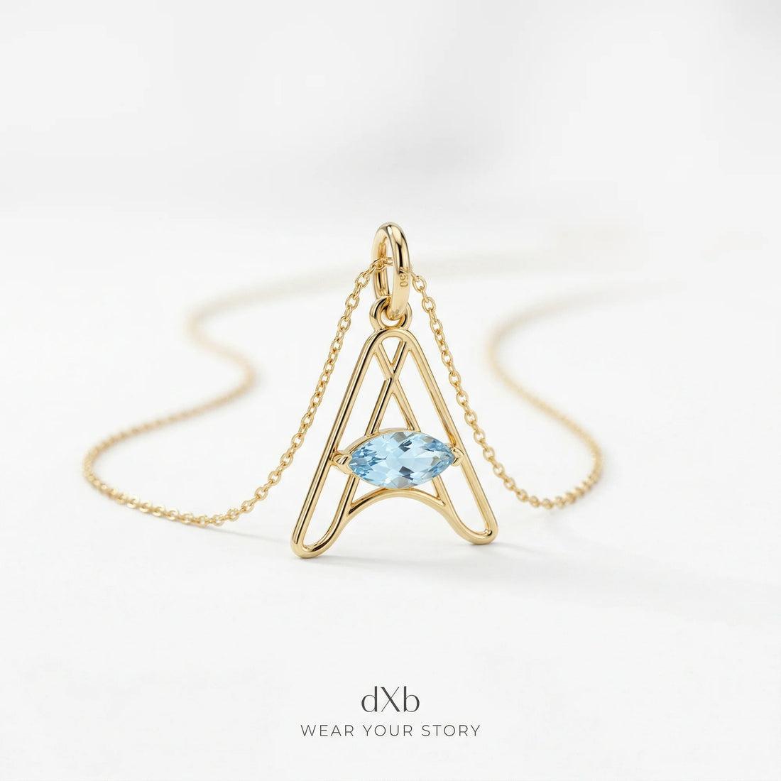 14k yellow gold blue gemstone marquise initial | alphabet | minimalist pendant