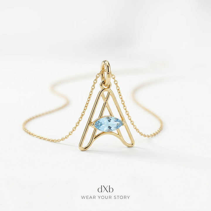 14k yellow gold blue gemstone marquise initial | alphabet | minimalist pendant