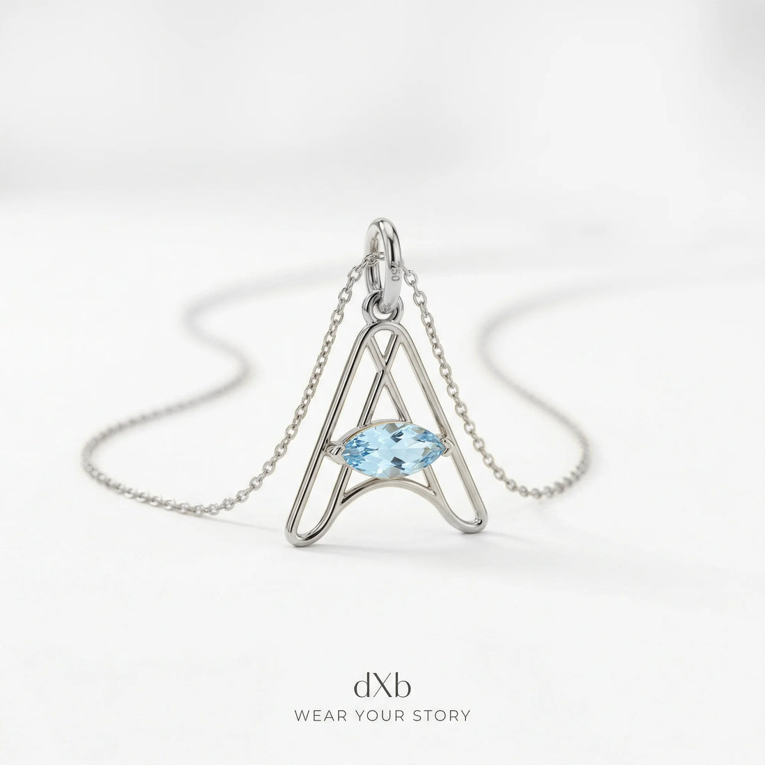 platinum blue gemstone marquise initial | alphabet | minimalist pendant