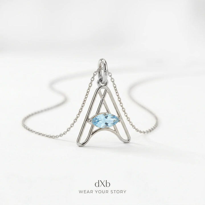 platinum blue gemstone marquise initial | alphabet | minimalist pendant