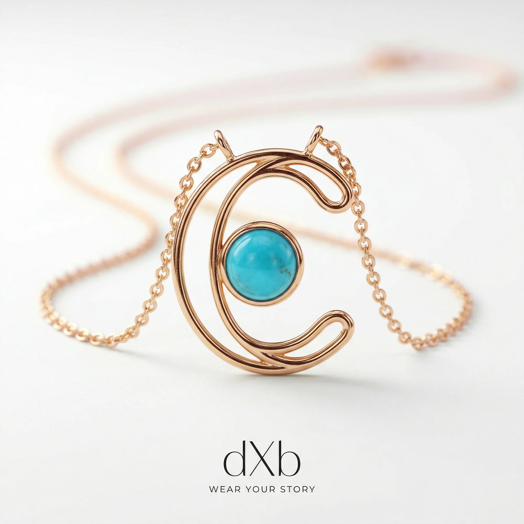 14k rose gold Turquoise Round Initial, Letter C, Modern pendant