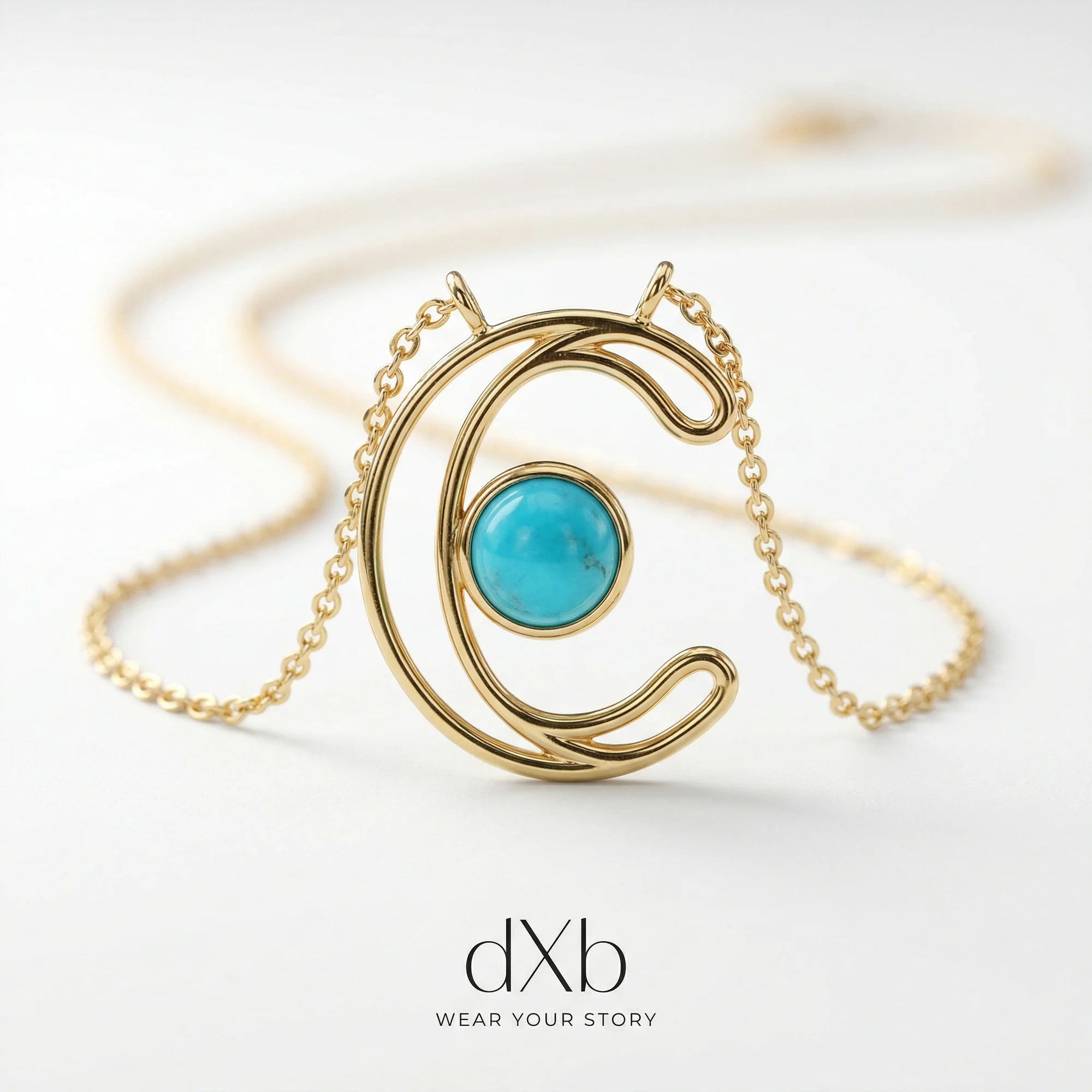 14k yellow gold Turquoise Round Initial, Letter C, Modern pendant