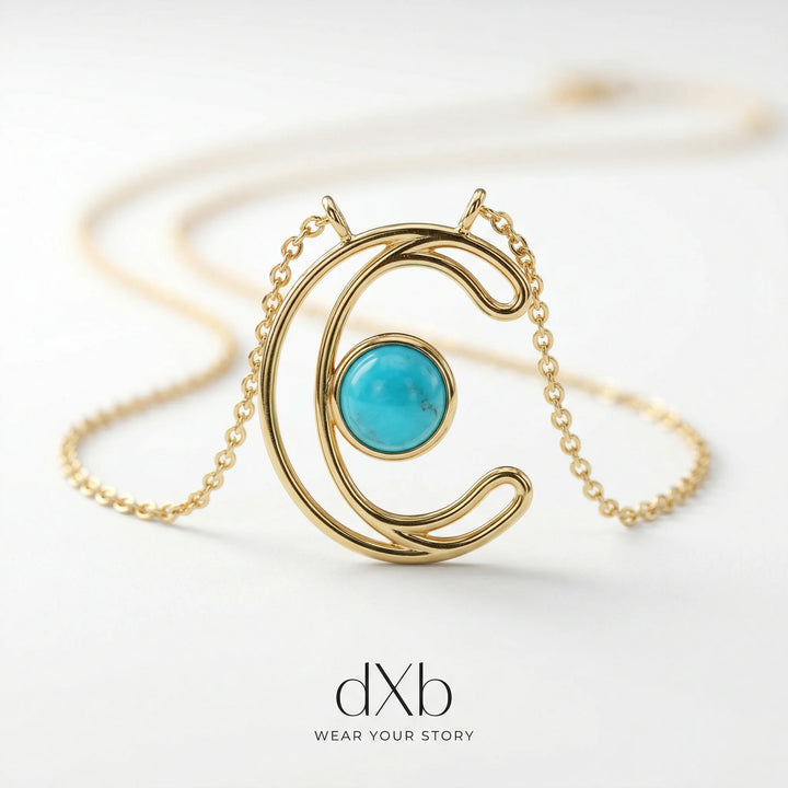 14k yellow gold Turquoise Round Initial, Letter C, Modern pendant