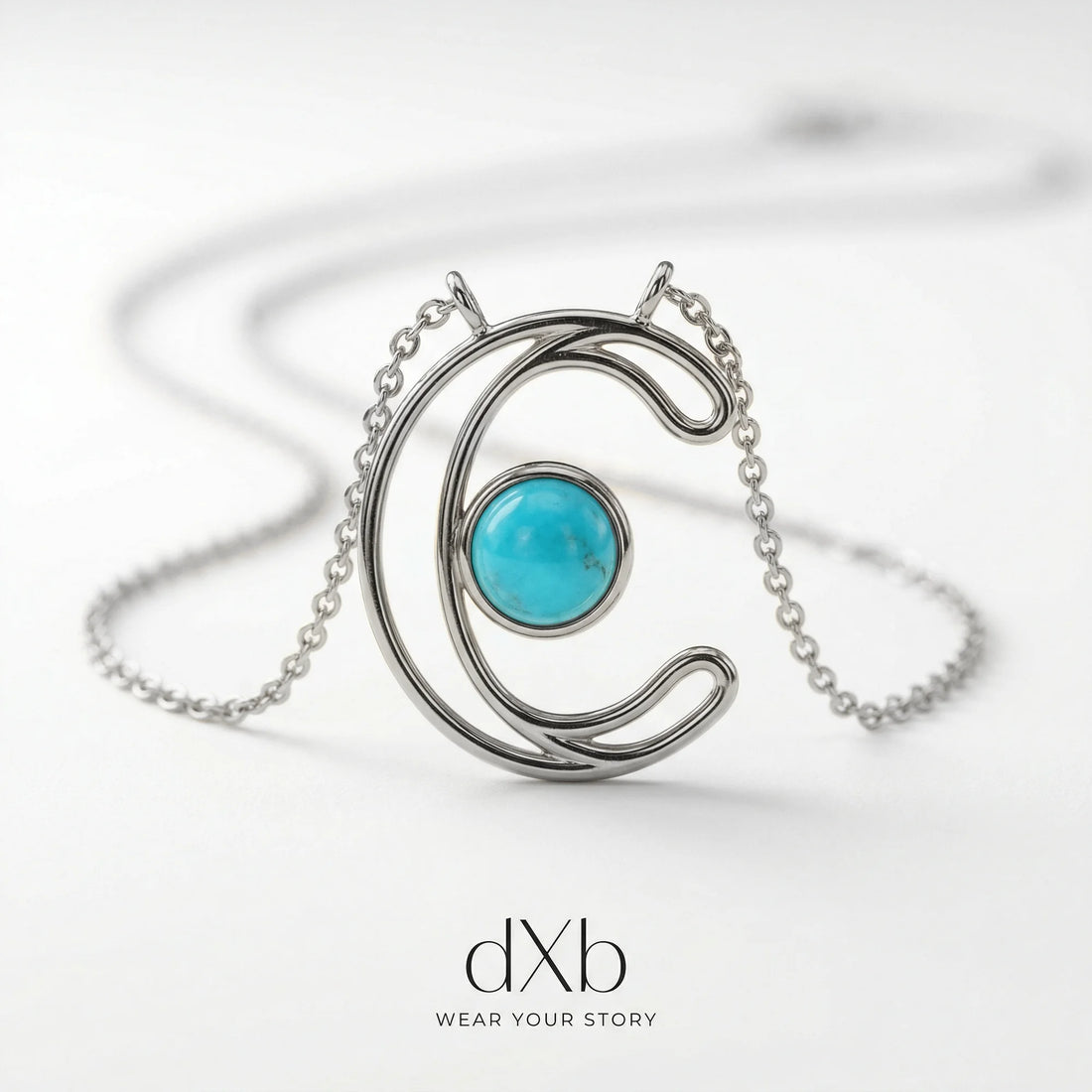 platinum Turquoise Round Initial, Letter C, Modern pendant