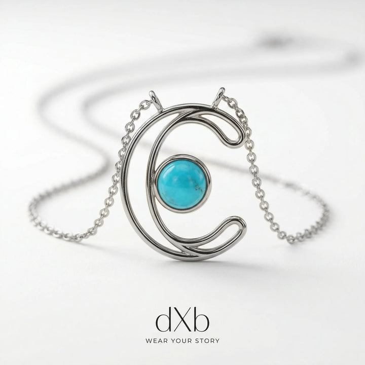 platinum Turquoise Round Initial, Letter C, Modern pendant