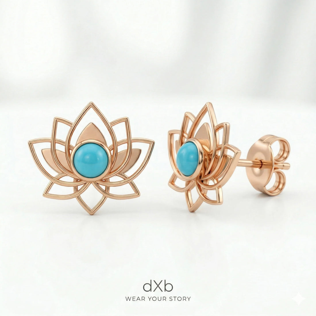 14k rose gold Turquoise Round Lotus flower, Spiritual, Floral earring