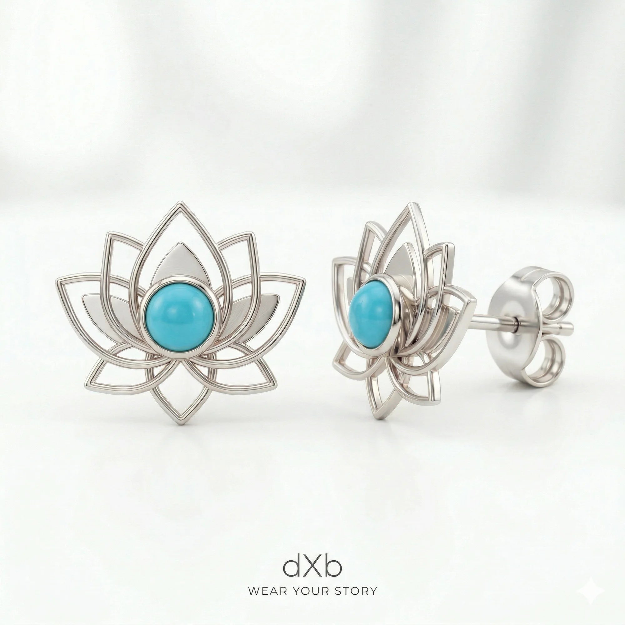 14k white gold Turquoise Round Lotus flower, Spiritual, Floral earring
