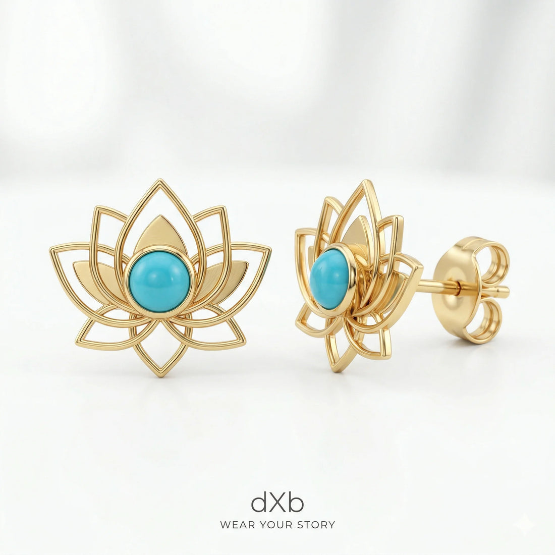 14k yellow gold Turquoise Round Lotus flower, Spiritual, Floral earring