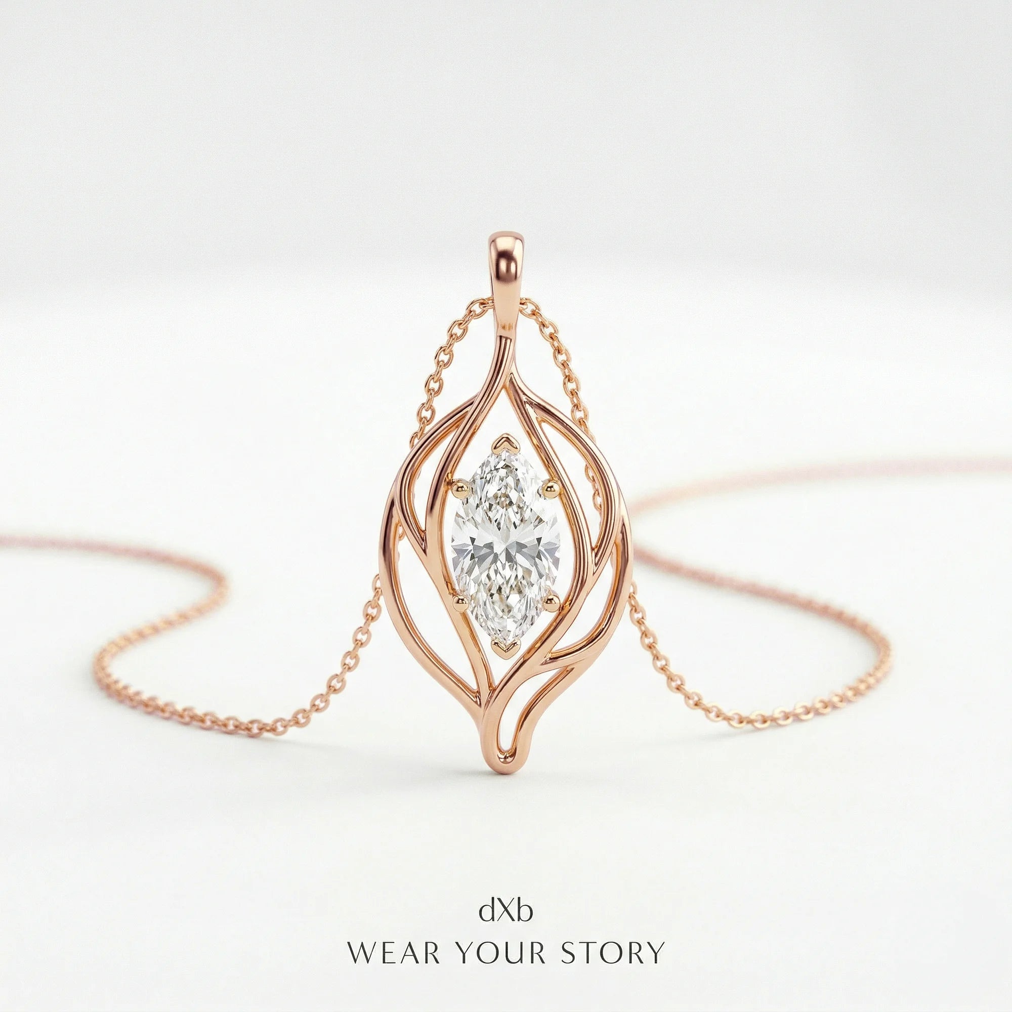 14k rose gold clear gemstone marquise organic leaf motif pendant