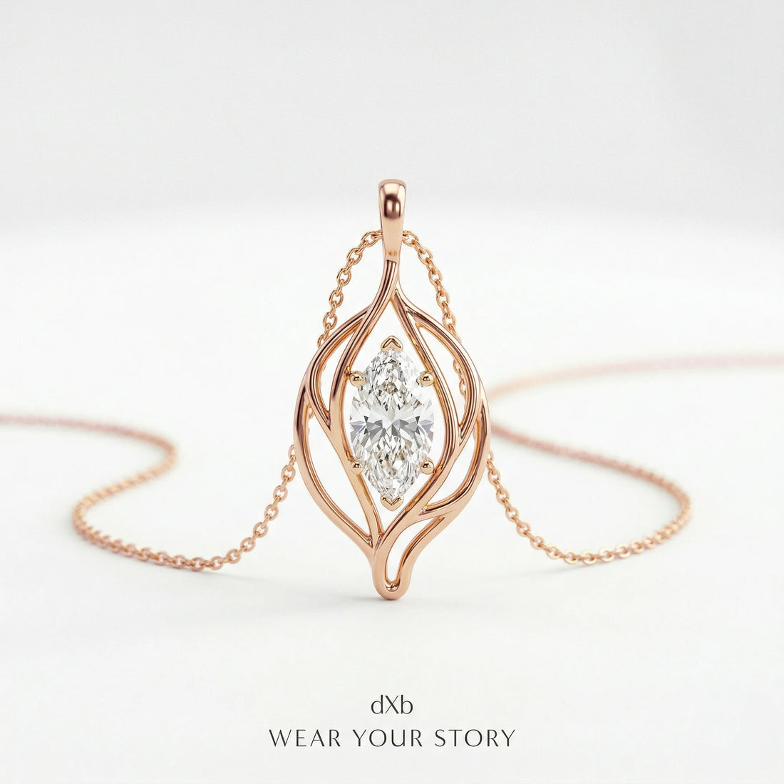 14k rose gold clear gemstone marquise organic leaf motif pendant