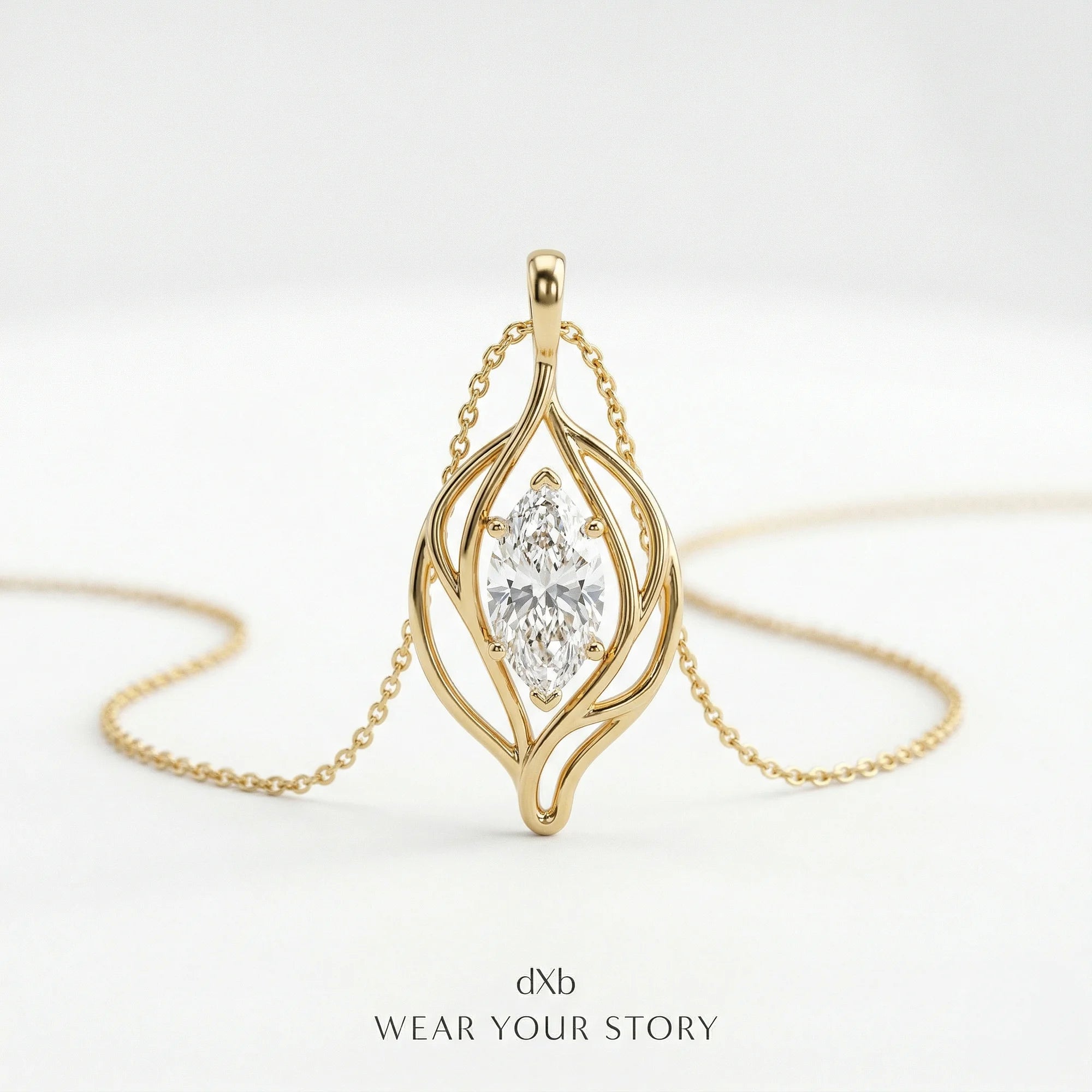 14k yellow gold clear gemstone marquise organic leaf motif pendant