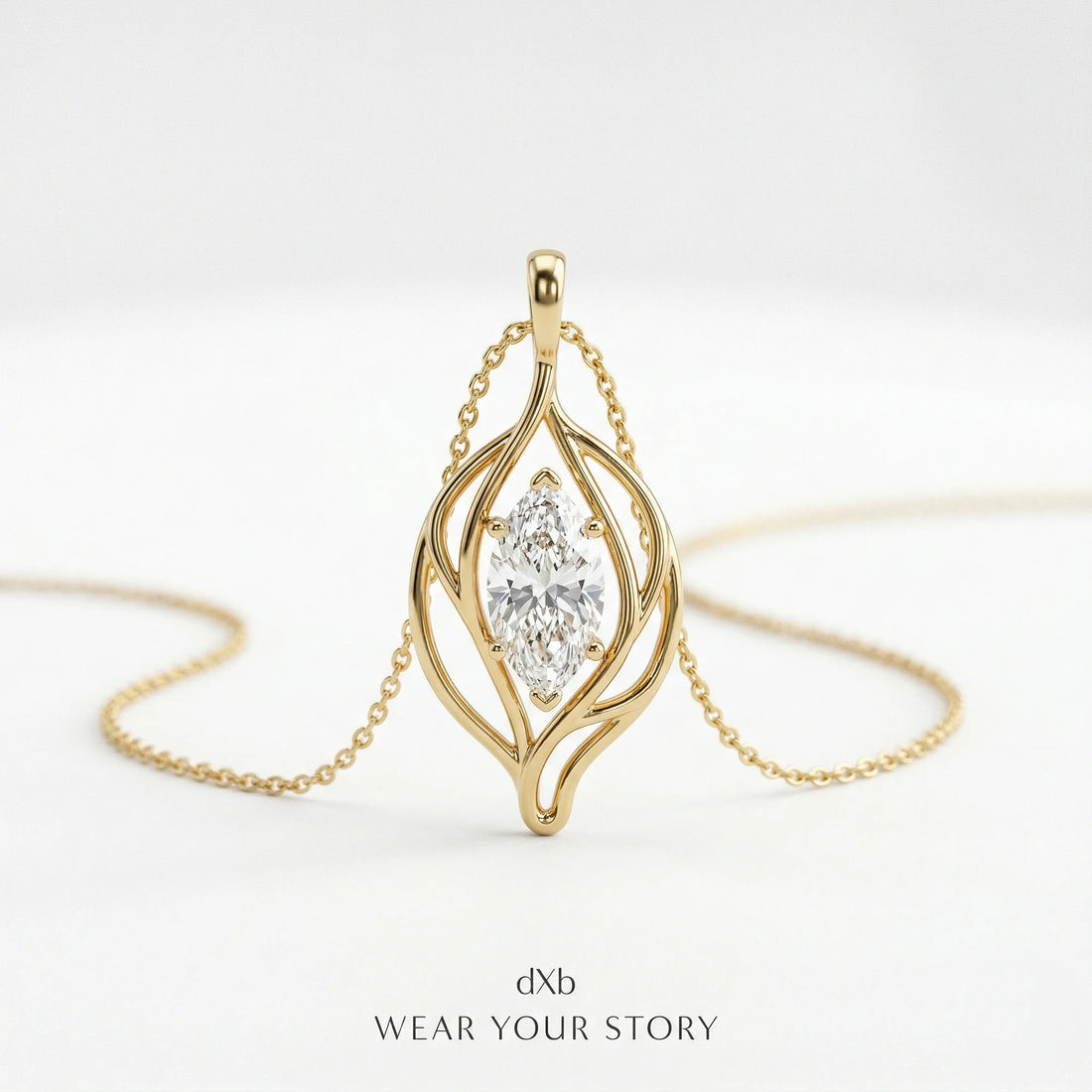 14k yellow gold clear gemstone marquise organic leaf motif pendant