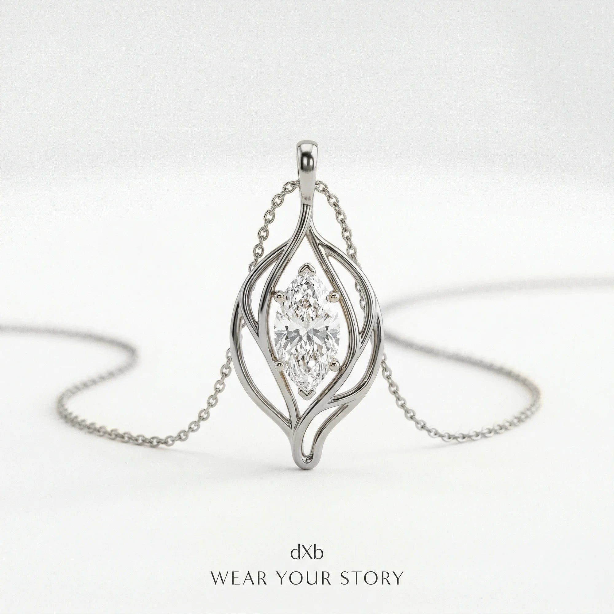 platinum clear gemstone marquise organic leaf motif pendant