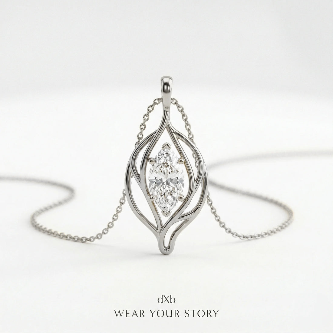platinum clear gemstone marquise organic leaf motif pendant