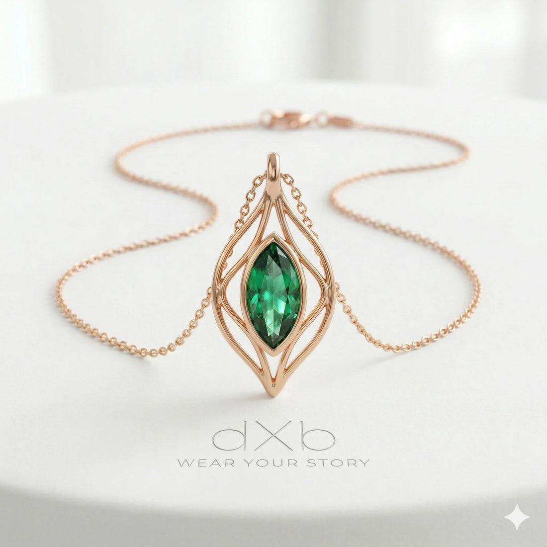 14k rose gold green gemstone marquise organic leaf motif pendant