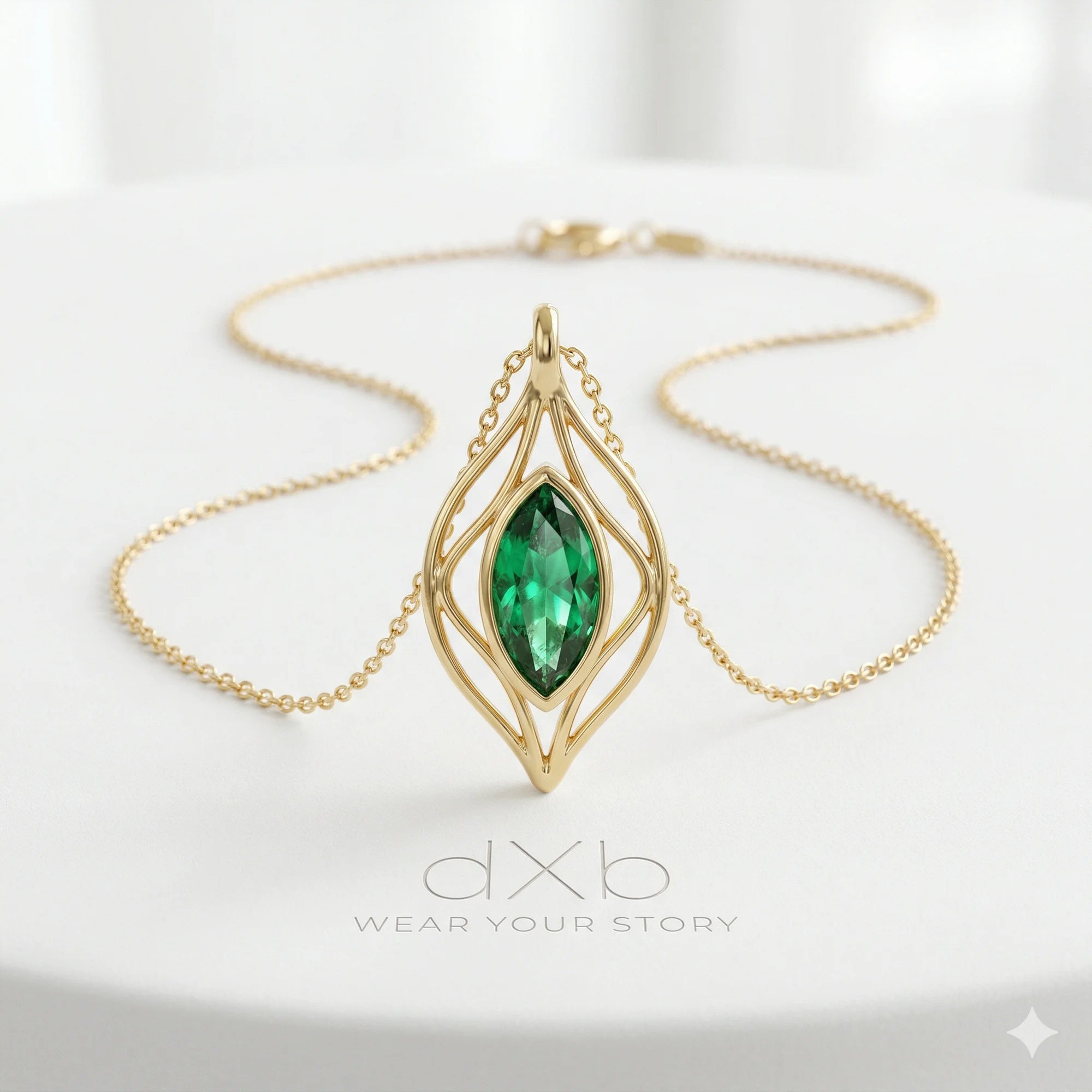 14k yellow gold green gemstone marquise organic leaf motif pendant