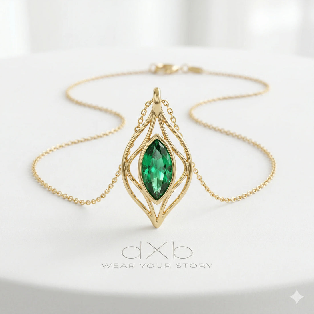 14k yellow gold green gemstone marquise organic leaf motif pendant