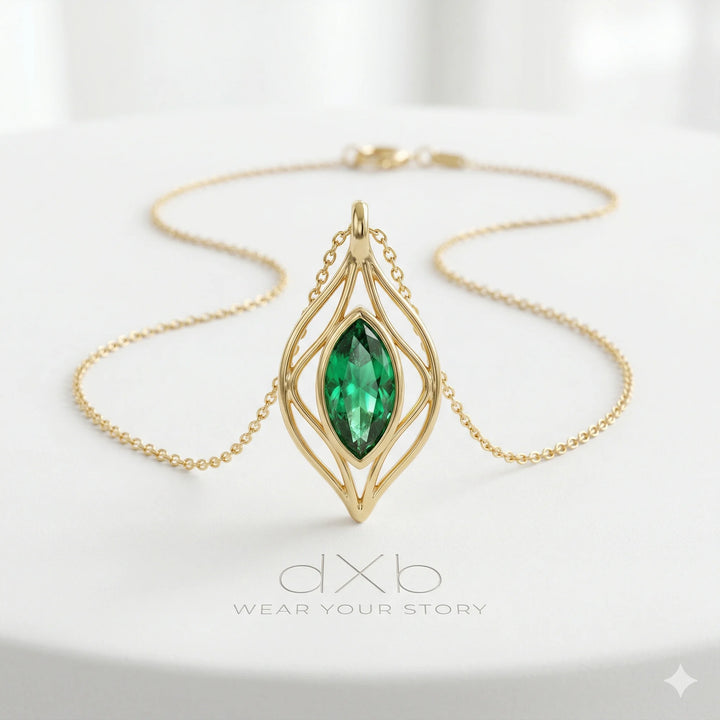 14k yellow gold green gemstone marquise organic leaf motif pendant