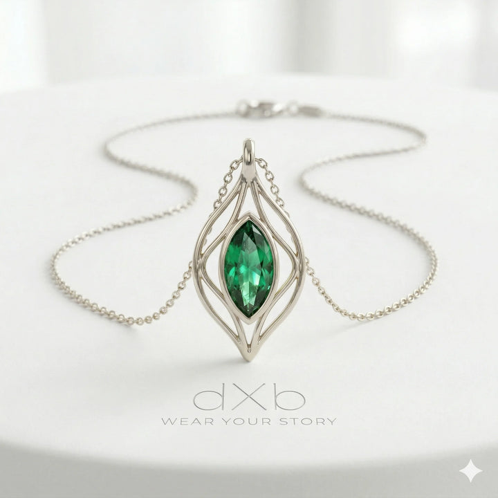 platinum green gemstone marquise organic leaf motif pendant