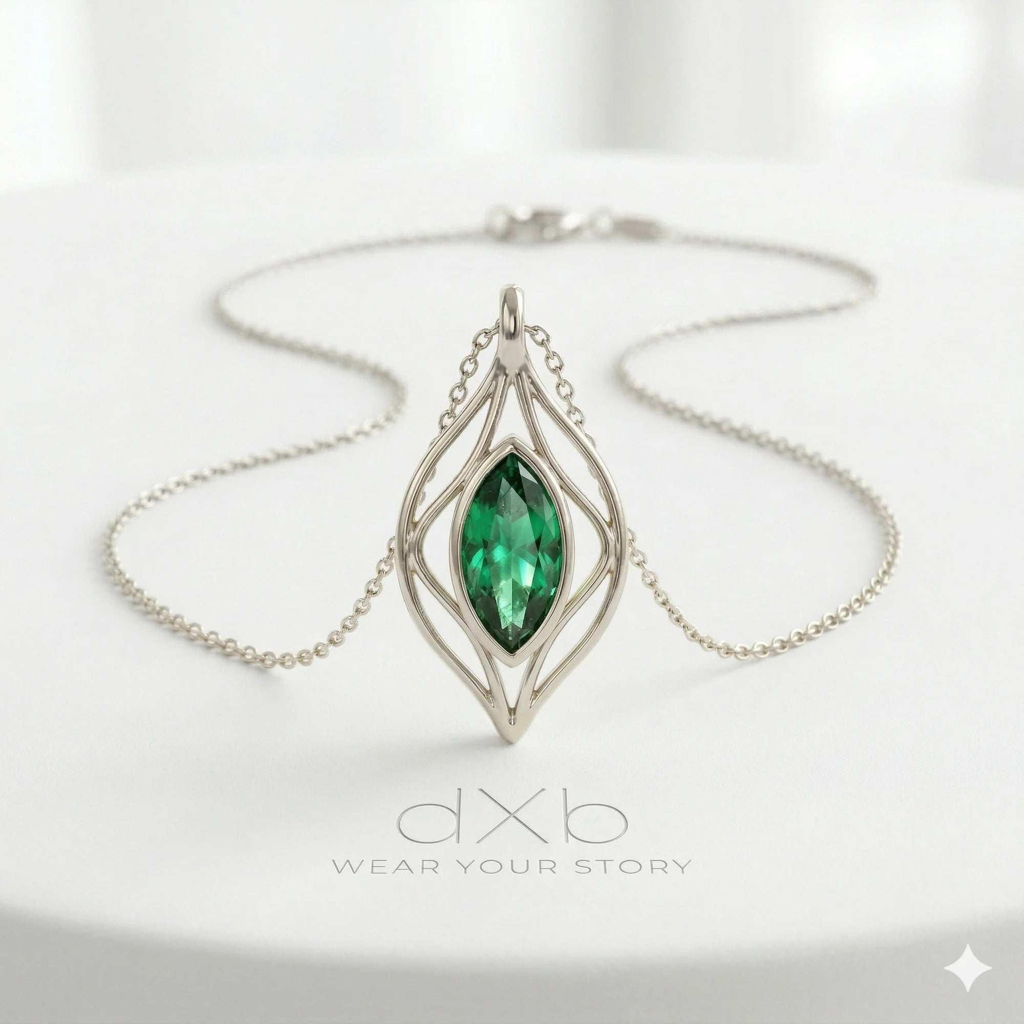 silver green gemstone marquise organic leaf motif pendant