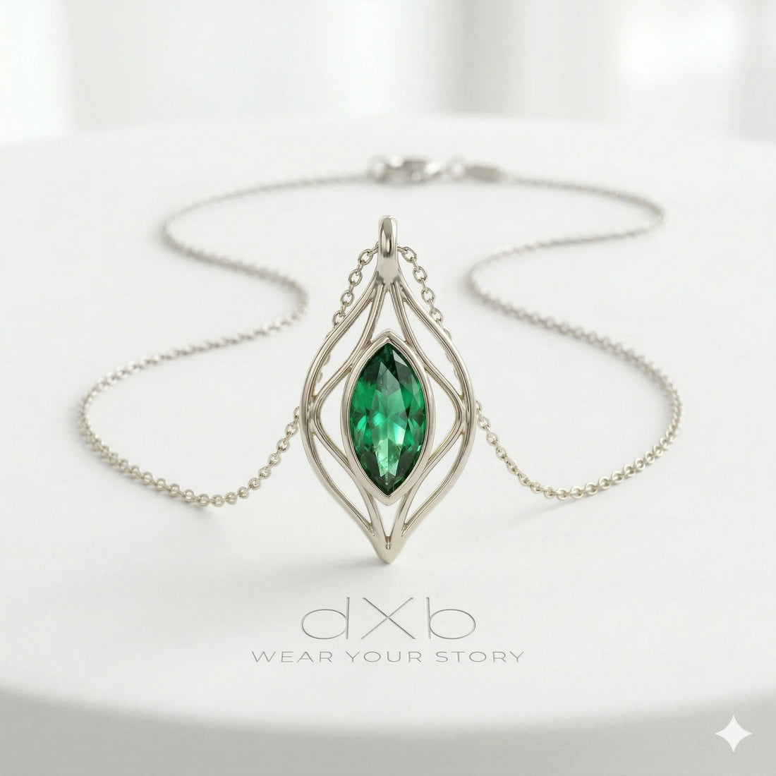 silver green gemstone marquise organic leaf motif pendant