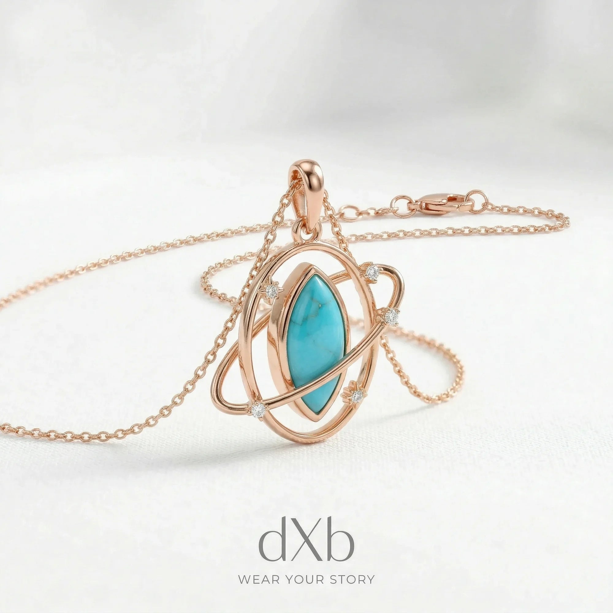 14k rose gold turquoise marquise celestial planet pendant