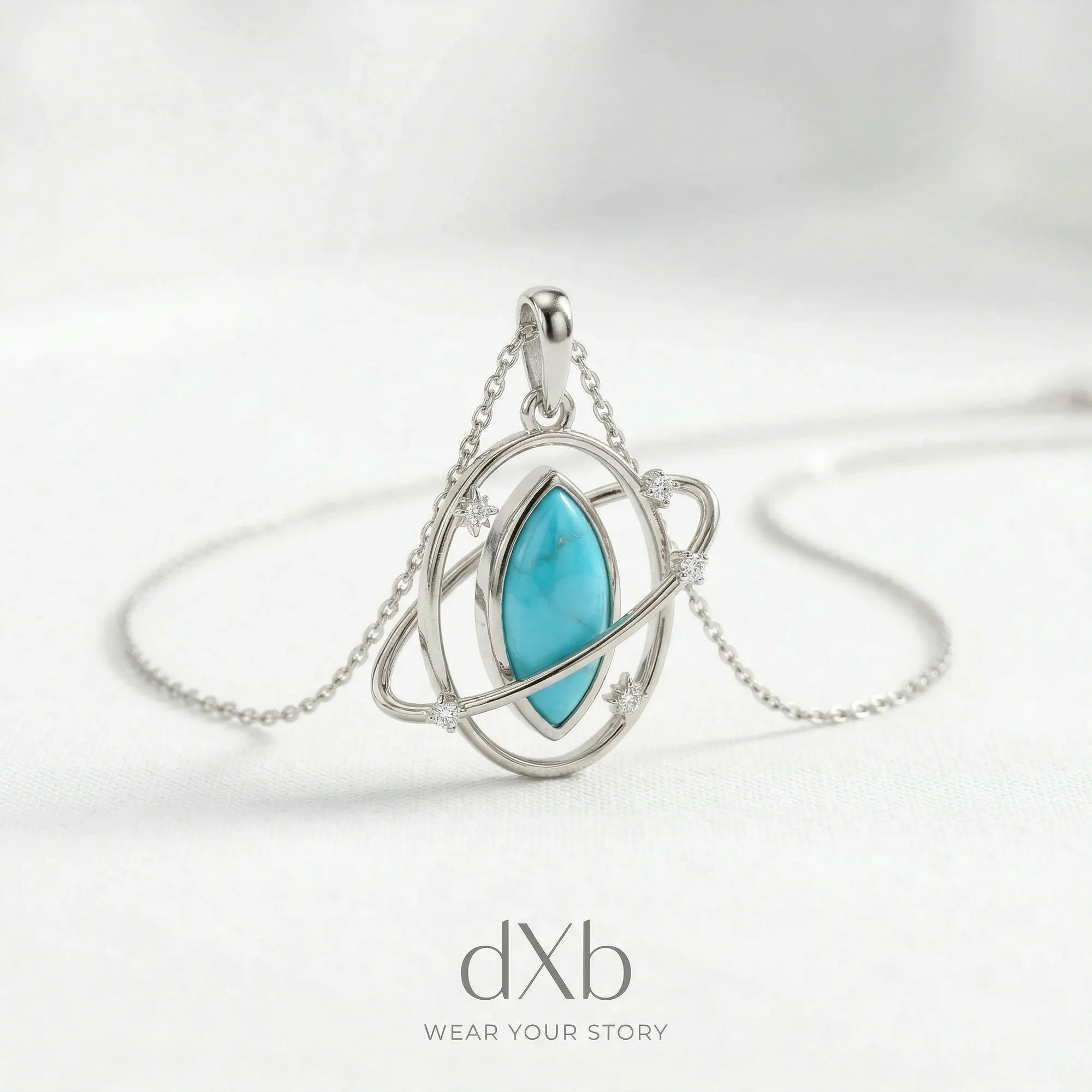 14k white gold turquoise marquise celestial planet pendant