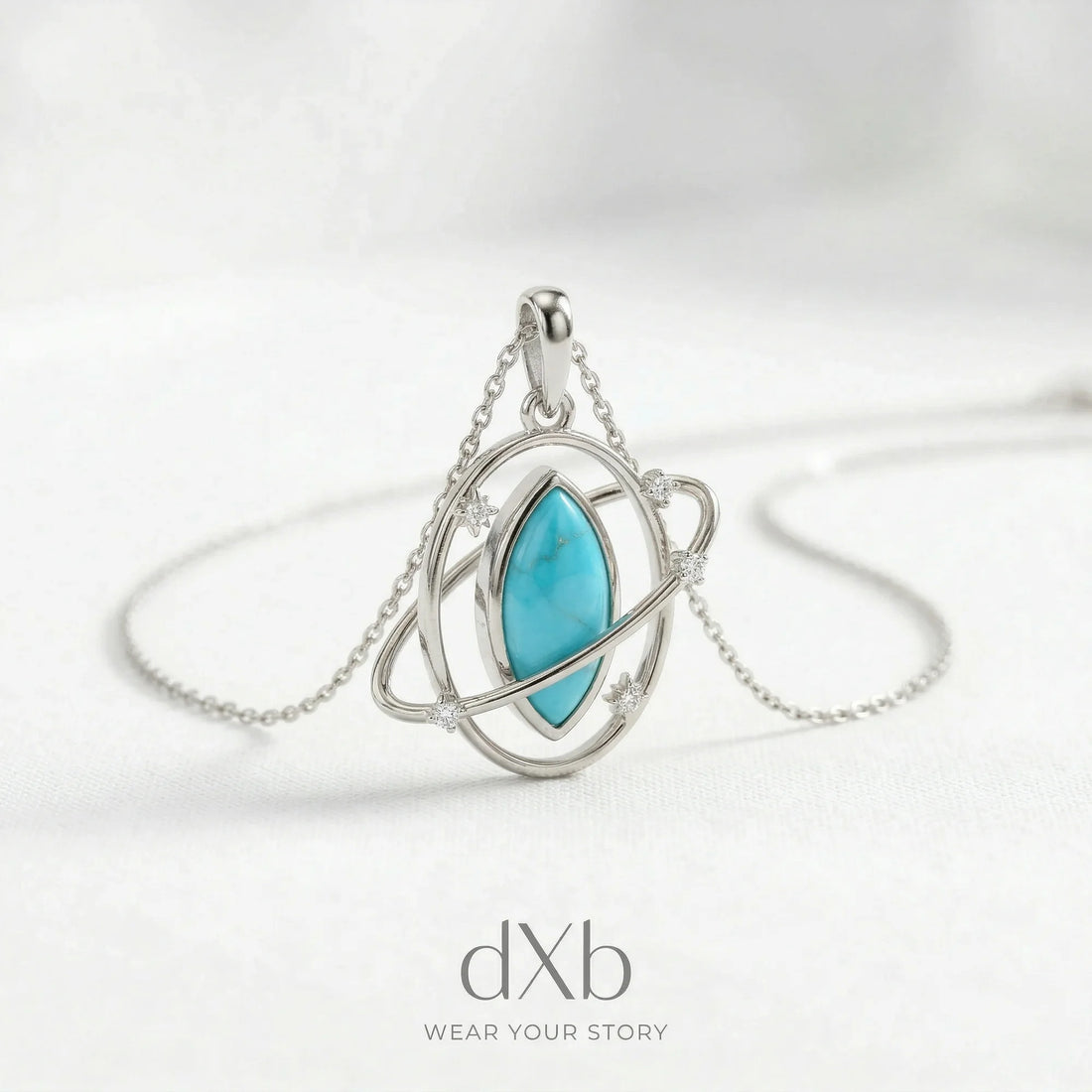 14k white gold turquoise marquise celestial planet pendant