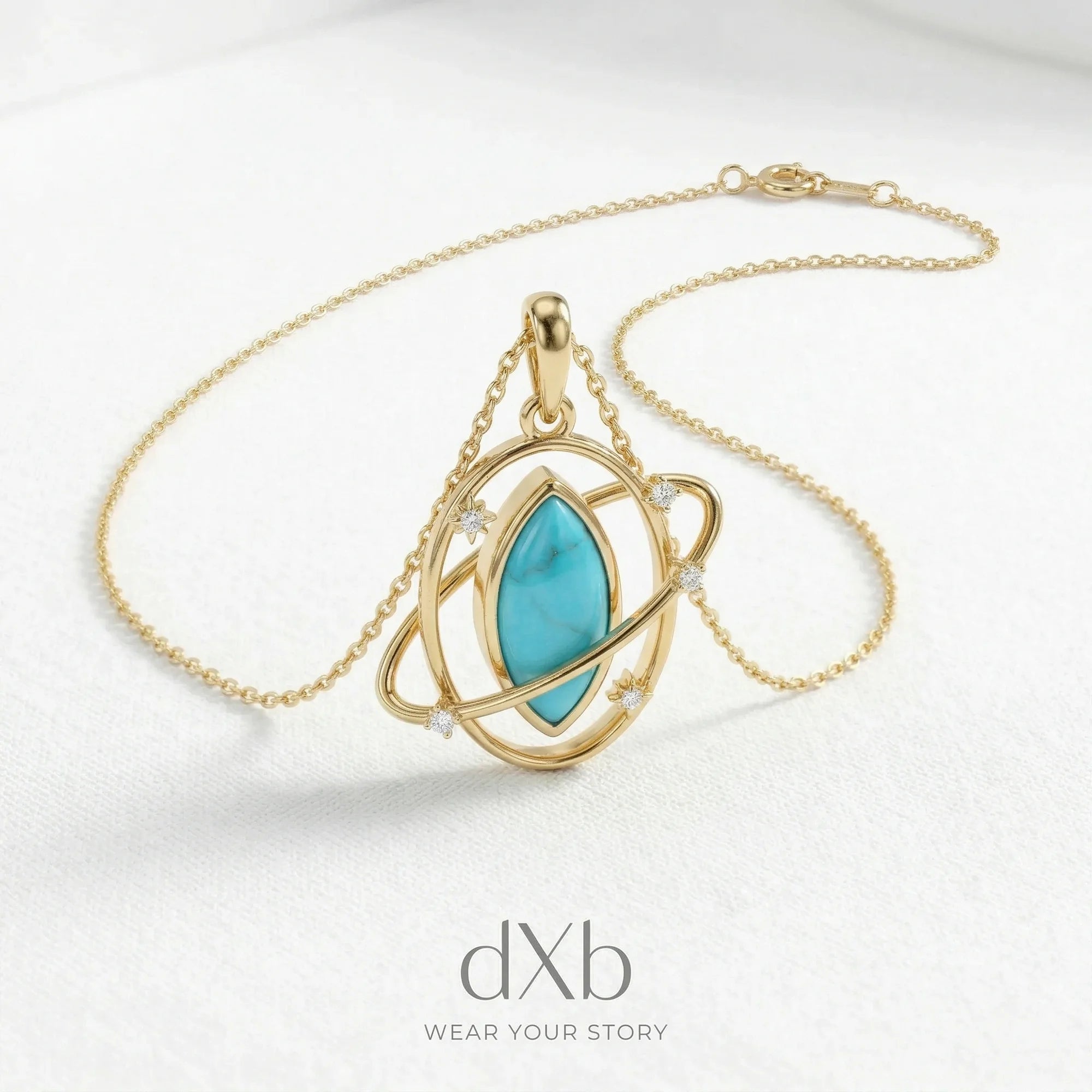 14k yellow gold turquoise marquise celestial planet pendant