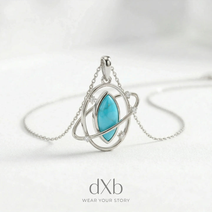 platinum turquoise marquise celestial planet pendant