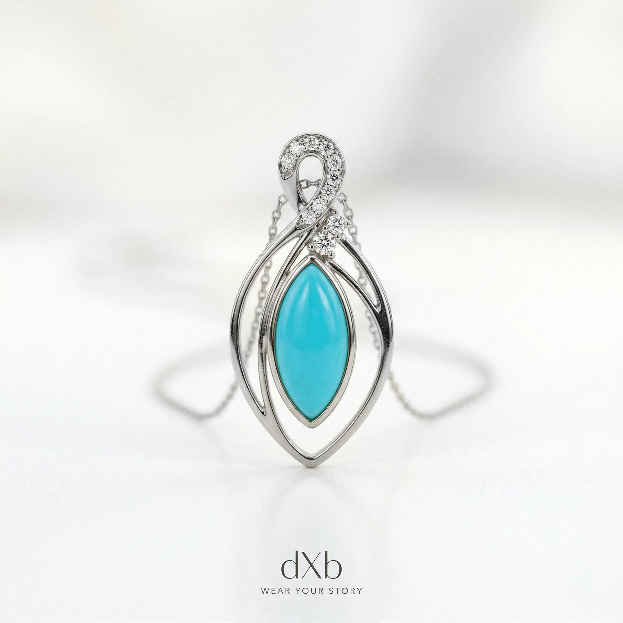 14k white gold turquoise marquise abstract modern pendant