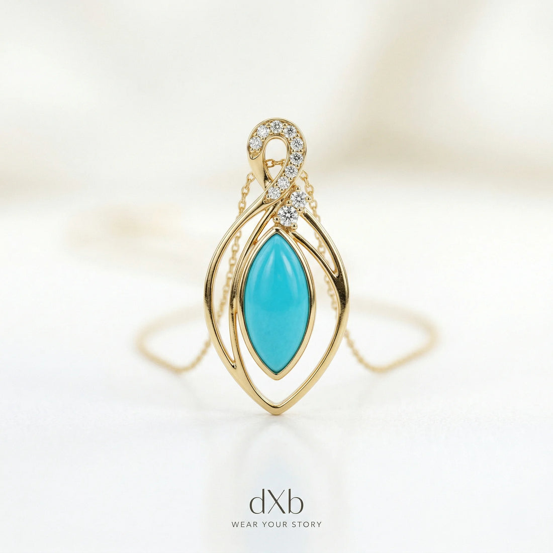 14k yellow gold turquoise marquise abstract modern pendant