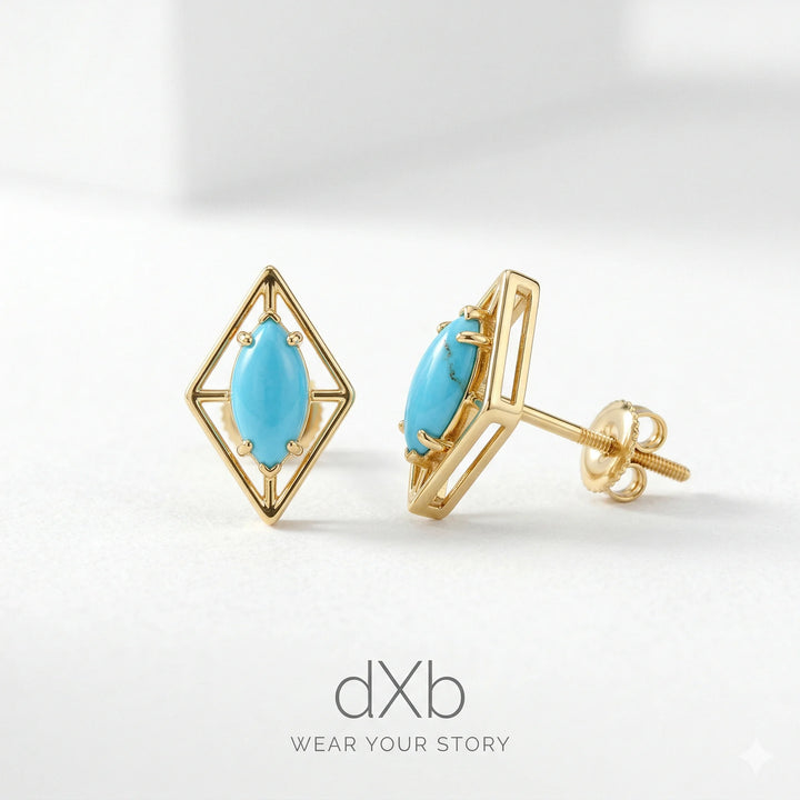 14k yellow gold turquoise marquise geometric, modern earring