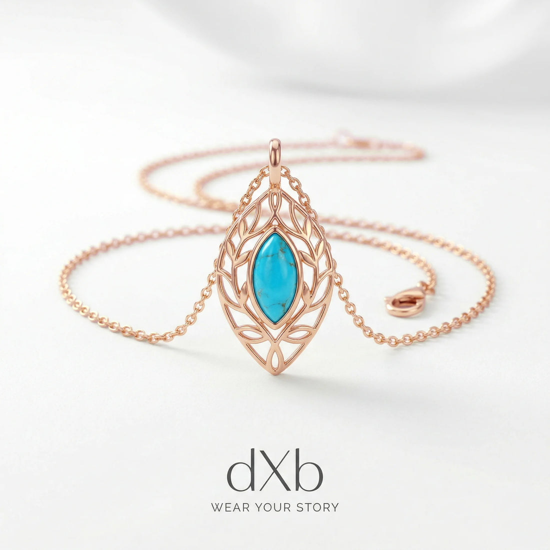 14k rose gold turquoise marquise leaf filigree, nature-inspired pendant