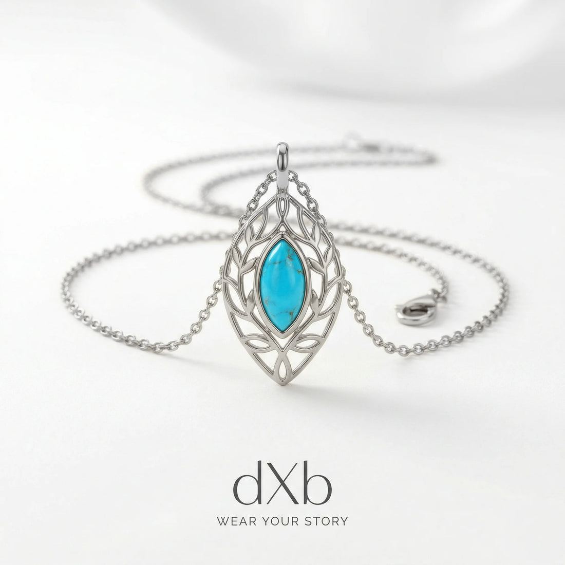 14k white gold turquoise marquise leaf filigree, nature-inspired pendant