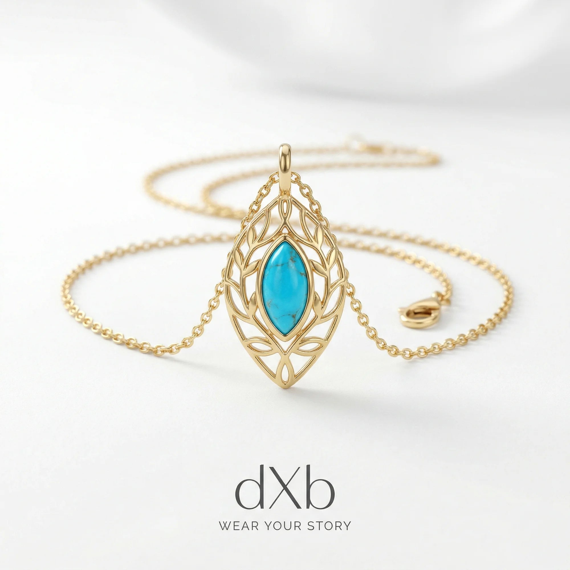 14k yellow gold turquoise marquise leaf filigree, nature-inspired pendant