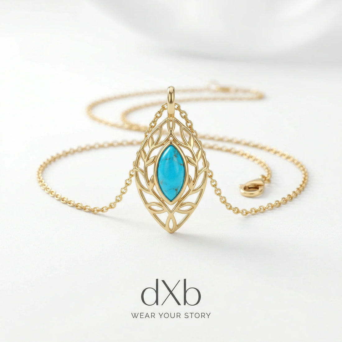 14k yellow gold turquoise marquise leaf filigree, nature-inspired pendant