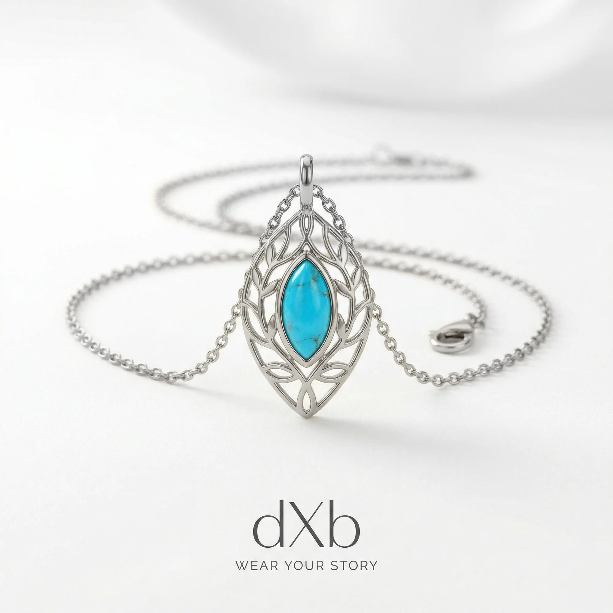 silver turquoise marquise leaf filigree, nature-inspired pendant