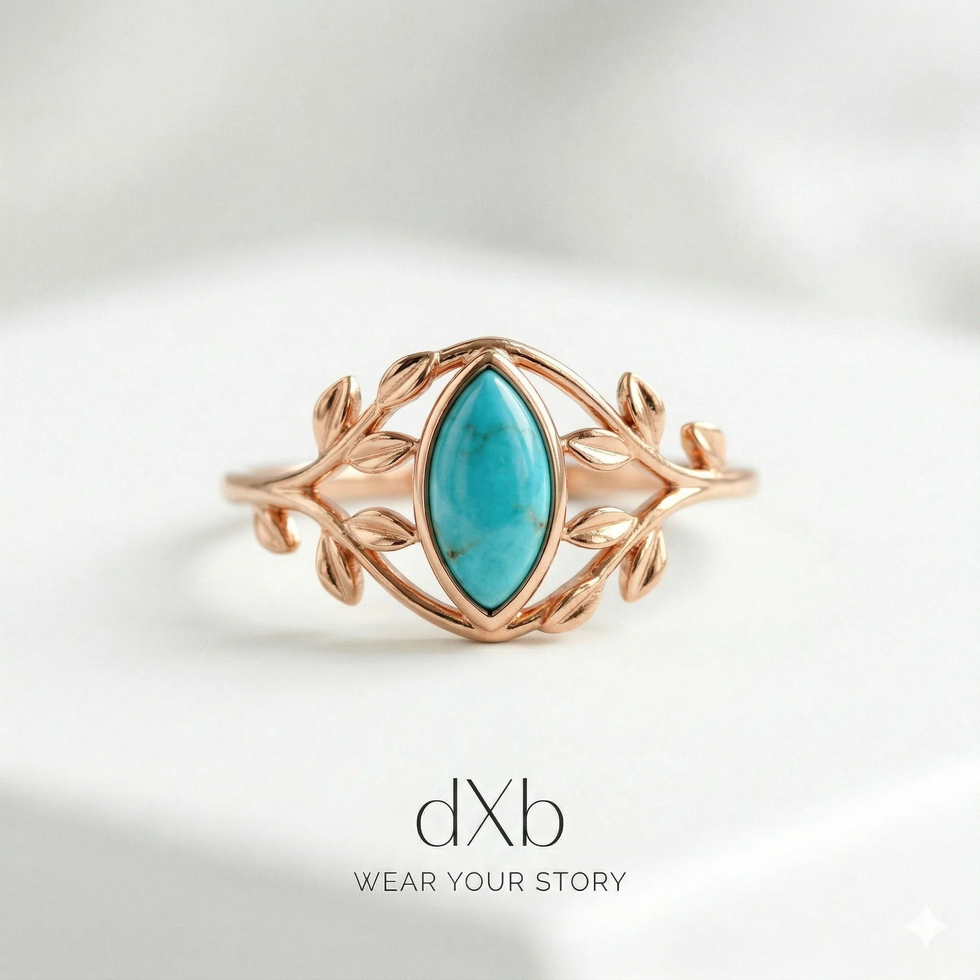 14k rose gold Turquoise Marquise Leaf, botanical, nature-inspired ring