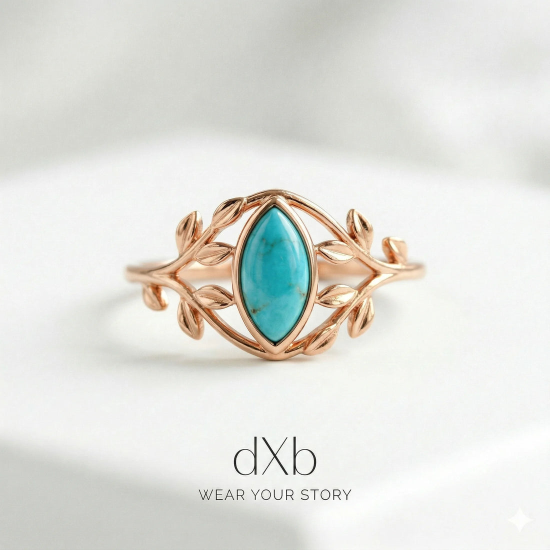 14k rose gold Turquoise Marquise Leaf, botanical, nature-inspired ring