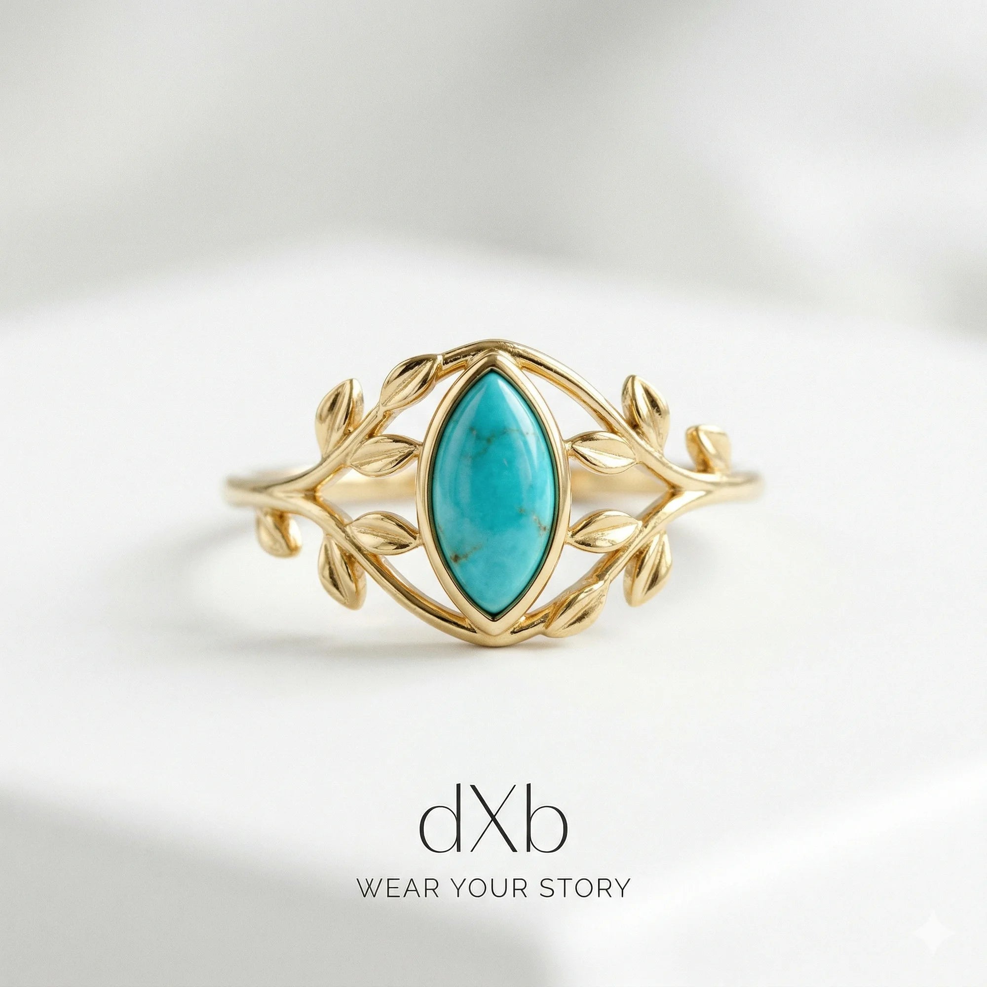 14k yellow gold Turquoise Marquise Leaf, botanical, nature-inspired ring