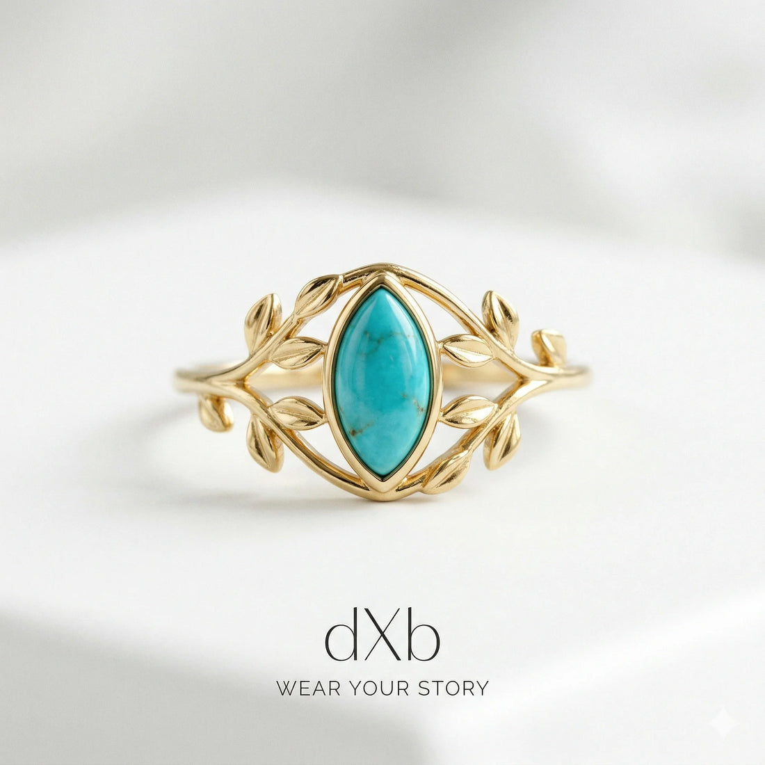 14k yellow gold Turquoise Marquise Leaf, botanical, nature-inspired ring