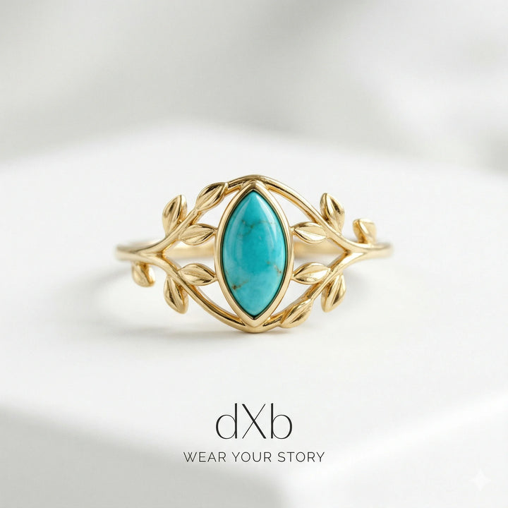 14k yellow gold Turquoise Marquise Leaf, botanical, nature-inspired ring