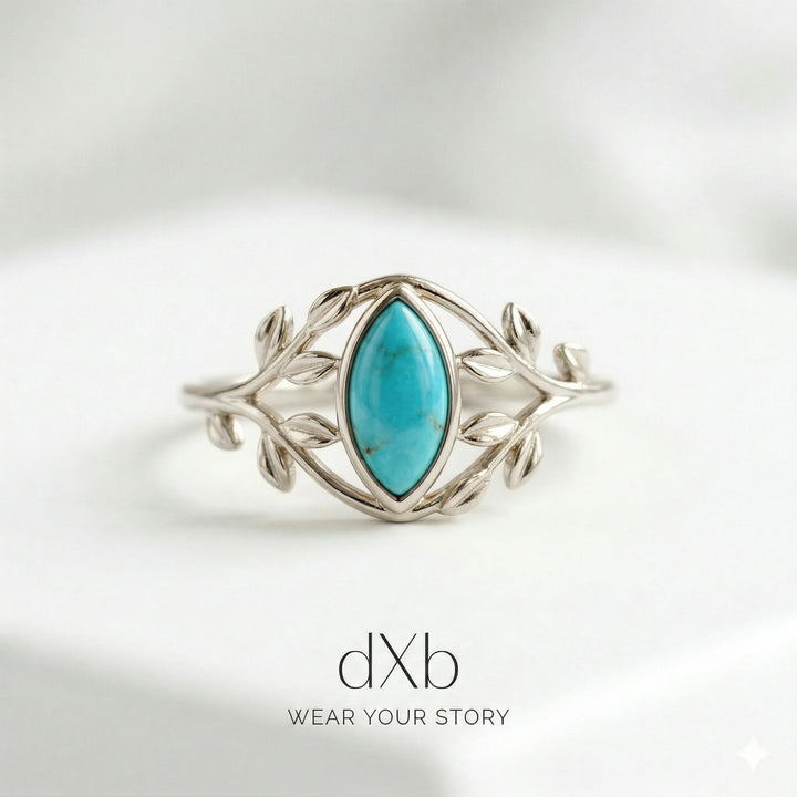 platinum Turquoise Marquise Leaf, botanical, nature-inspired ring