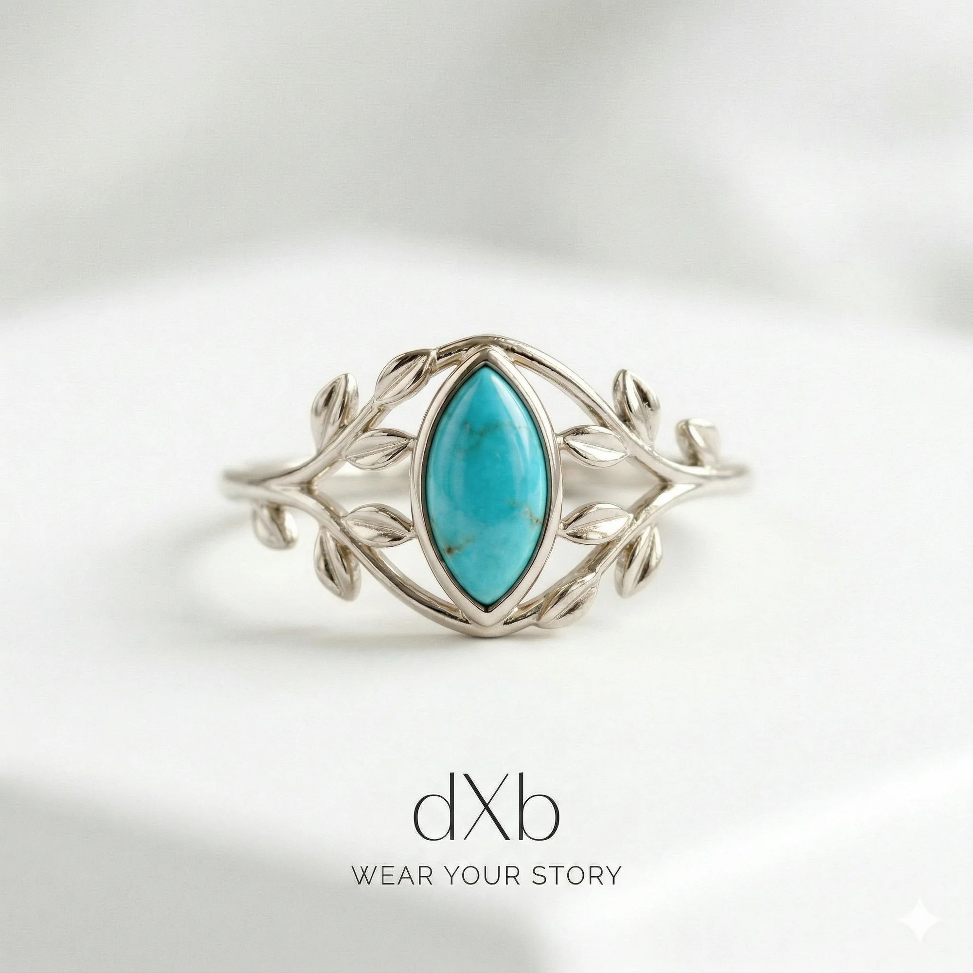 silver Turquoise Marquise Leaf, botanical, nature-inspired ring